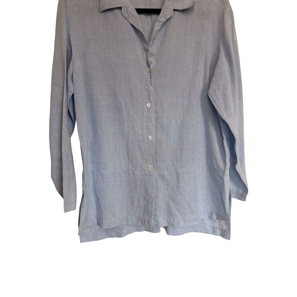 Real Clothes Saks Fifth Avenue 100% Linen Button Up Shirt Blue Women's Size 10 - Picture 4 of 6